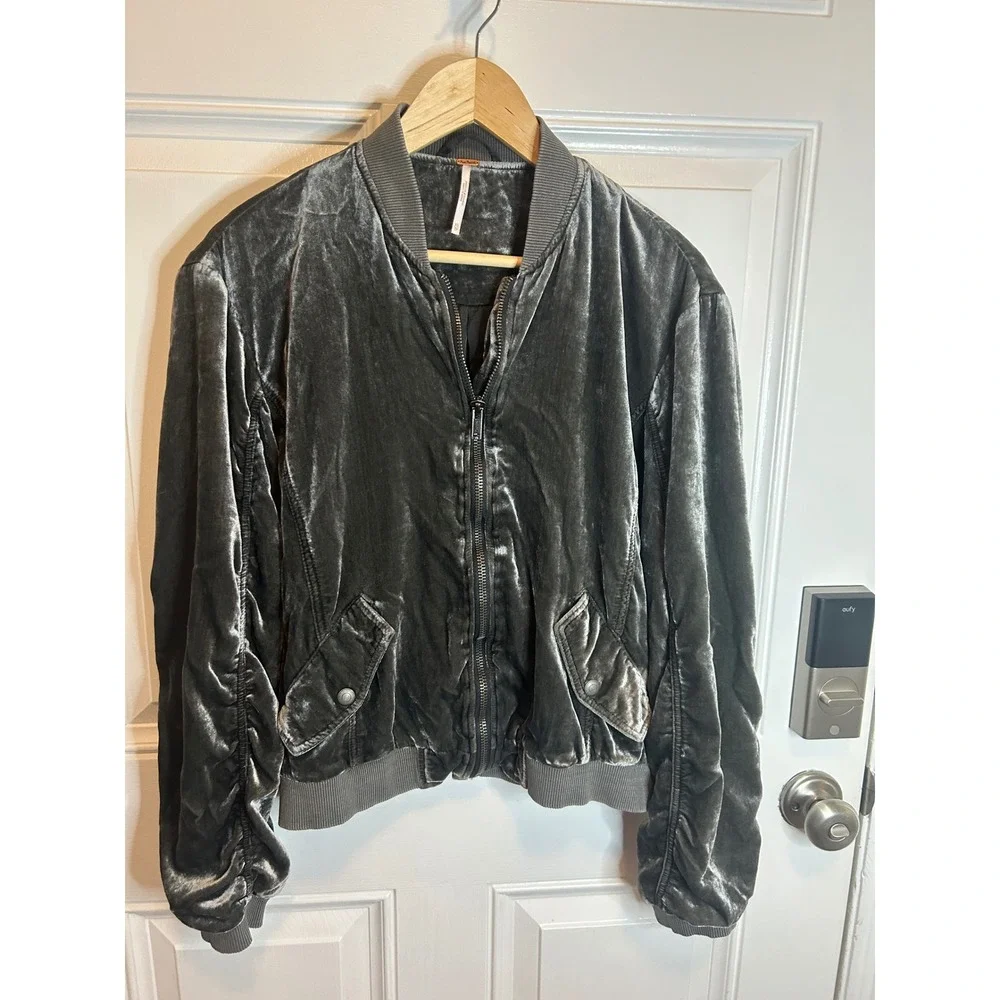 Free People Bomber Jacket sage green Velvet Ruched Sleeve‎ Full Zip Coat XS